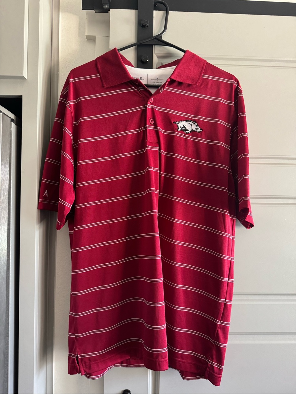 Antigua Crimson and White Striped Polo with Razorback Patch